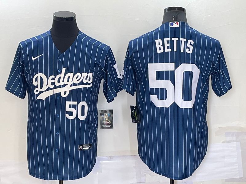 Men Los Angeles Dodgers 50 Betts Blue Stripe Throwback Nike 2022 MLB Jersey1